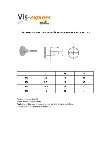 1 x Vis métaux Moletée Fendue Forme Haute Inox A1 M4X12