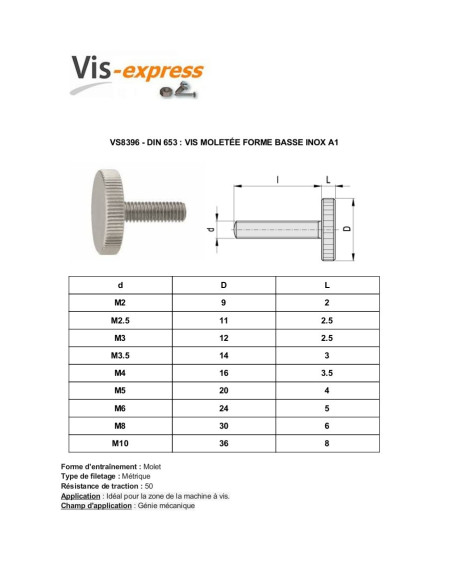 1 x Vis métaux Moletée Basse Inox A1 M4X25