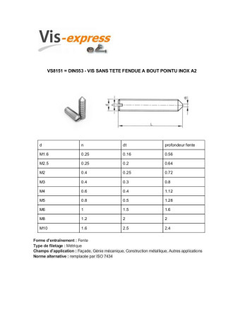 Vis métaux Sans tête Fendue à Pointe M4X4 Inox A2