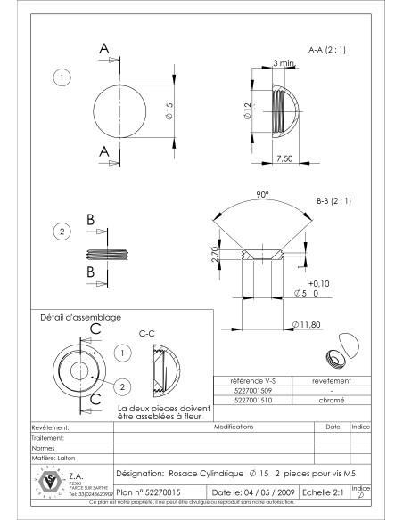 1 x Rosace ronde ou cache vis (1 rosace et 1 cuvette de vis) Laiton chrome Diamètre 15 Pour Vis M5