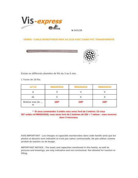 1 x Mètre de Câble monotoron Diamètre 3 Inox A4 GAINE PVC (vendu au m)