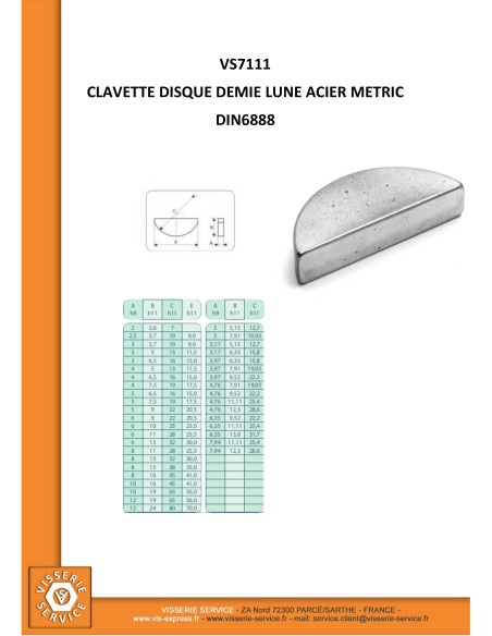 1 x Clavette disque demie lune Acier brut 2X2.6 Longueur 7