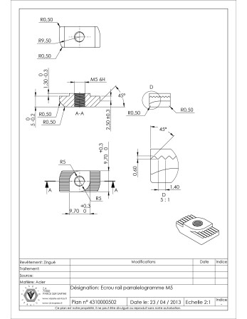 Ecrou RAIL PARRALELOGRAMME M5 Acier zingué
