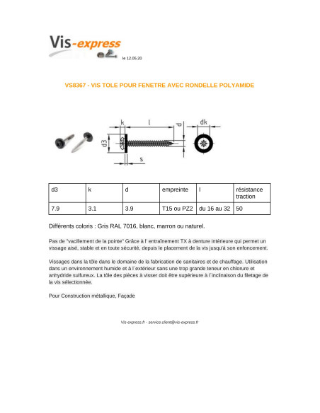 1 x Vis tôle Tête cylindrique TC TORX T15 + Rondelle Nylon 3.9X19 Inox A2 Marron
