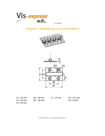 Charnière Type H 4 trous Inox A2 30X40
