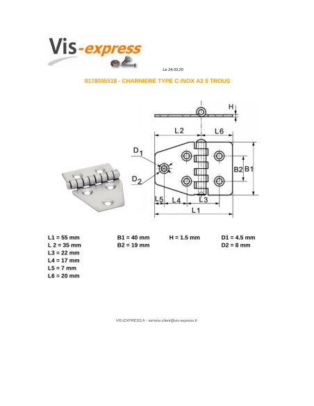 1 x Charnière Type C 5 trous Inox A2 55X40