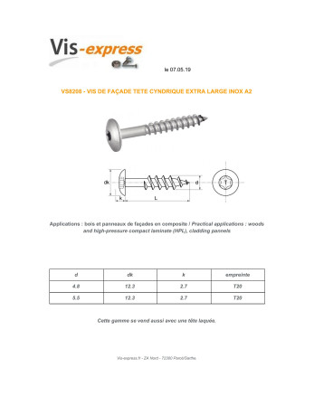 Vis de facade TORX T20 5.5X38 Diamètre de tête: 12.3 Inox A2 RAL7037