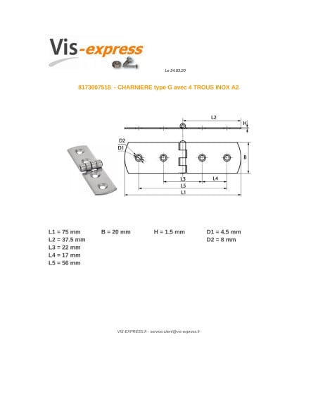 1 x Charnière Type G 4 trous Inox A2 75X20