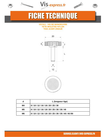 Vis métaux Tête Moletée nylon noir Tige Acier zingué M4X12