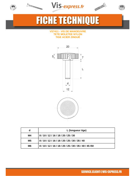 1 x Vis métaux Tête Moletée nylon noir Tige Acier zingué M4X12