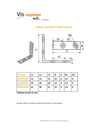 Equerre 61X61X15 4 Trous Inox A2