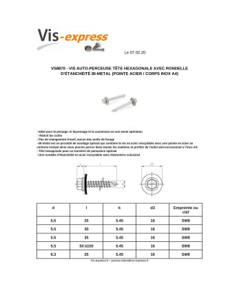 Vis autoperceuse Bimétal Acier / Inox A4 Tête hexagonale TH Rondelle d'étanchéite EPDM 5.5X35