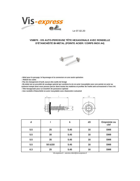 1 x Vis autoperceuse Bimétal Acier / Inox A4 Tête hexagonale TH Rondelle d'étanchéite EPDM 5.5X90