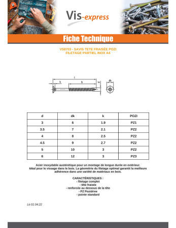 VBA Vis bois agglo Tête fraisée Pozi N°1 3X25 Filetage partiel Inox A4 microvis