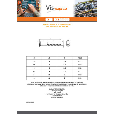 1 x VBA Vis bois agglo Tête fraisée Pozi N°1 3X25 Filetage partiel Inox A4 microvis
