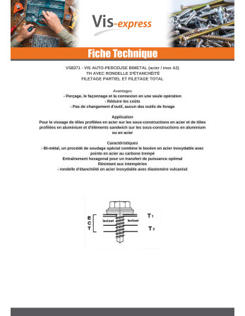 Vis autoperceuse Bimétal Tête hexagonale TH 6X160 Filetée sur 45 Rondelle d'étanchéite EPDM 16 Epaisseur tole 2