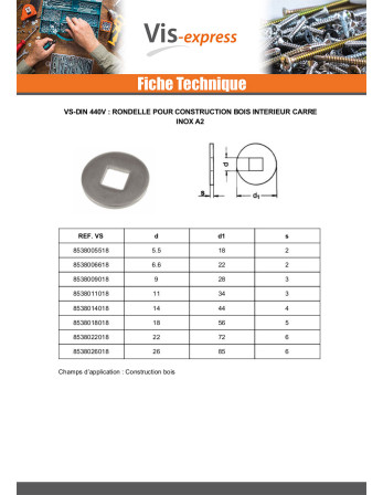 Rondelle Pour construction bois intérieur carré Inox A2 14X44X4