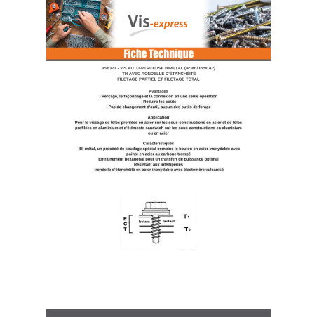 1 x Vis autoperceuse Bimétal Tête hexagonale TH 6.5X50 Filetage total Rondelle d'étanchéite EPDM 11 Epaisseur tole 2