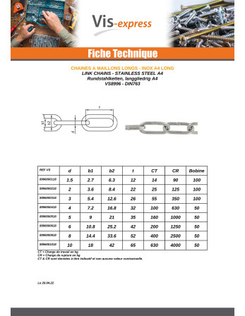 M Chaîne à MAILL Long Diamètre 8 Inox A4 (vendu au m)