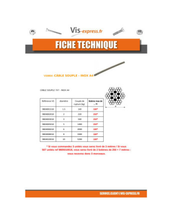 Mètre de Câble souple Diamètre 2 Inox A4 7X7 Charge de rupture 220 kg (vendu au m)