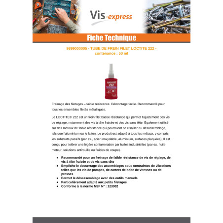 1 x Frein filet Faible resistance 50ML LOCTITE 222