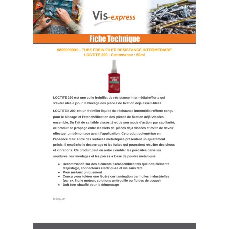 1 x Frein filet Resistance intermédiaire LOCTITE 290