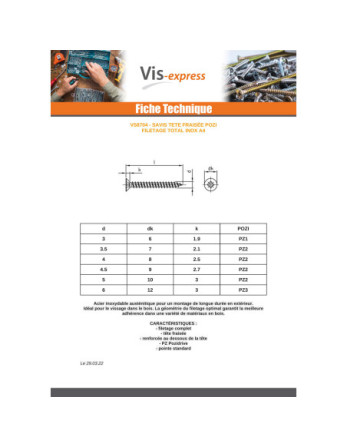 VBA Vis bois agglo Tête fraisée Pozi N°2 4X80 Filetage total Inox A4