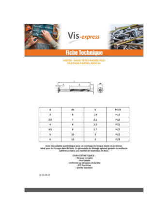 VBA Vis bois agglo Tête fraisée Pozi N°2 3.5X50 Filetage partiel Inox A4