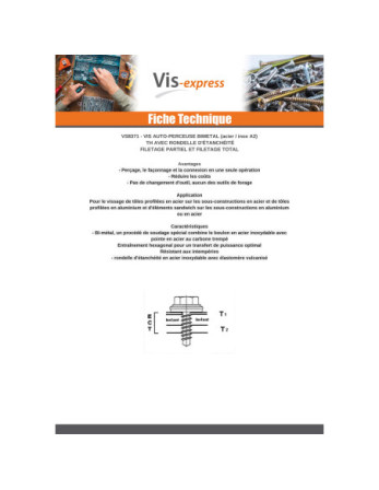 Vis autoperceuse Bimétal Tête hexagonale TH 6.3X25 Filetage total Rondelle d'étanchéite EPDM 16 Epaisseur tole 2