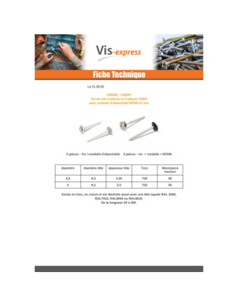 Vis faitage Tête fraisée bombée TFB TORX T20 Inox A2 cuivre 4.5X70 Rondelle d'étanchéite EPDM 3P