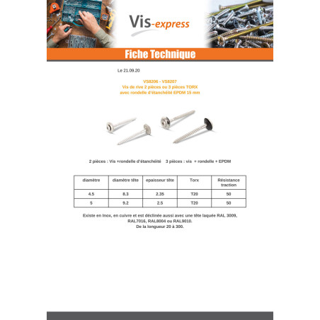 1 x Vis faitage Tête fraisée bombée TFB TORX T20 Inox A2 cuivre 4.5X55 Rondelle d'étanchéite EPDM 3P