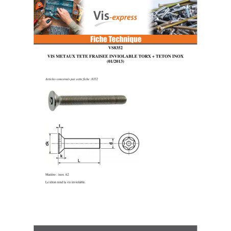 1 x Vis métaux Inox A2 Inviolable Tête fraisée TORX T30 avec téton M6X25