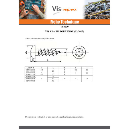 1 x VBA Vis bois agglo Inox A2 Tête ronde TR 4X20 TORX T20