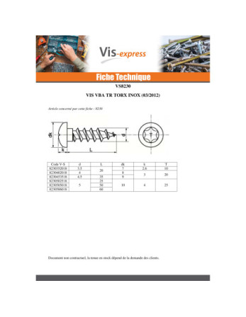VBA Vis bois agglo Inox A2 Tête ronde TR 4.5X20 TORX T20