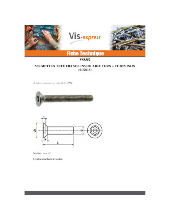 Vis métaux Inox A2 Inviolable Tête fraisée TORX T30 avec téton M6X16