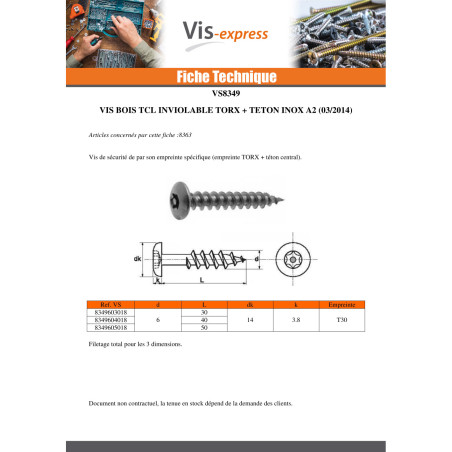 1 x Vis Penture Inviolable TORX T30 avec téton 6X30 Inox A2