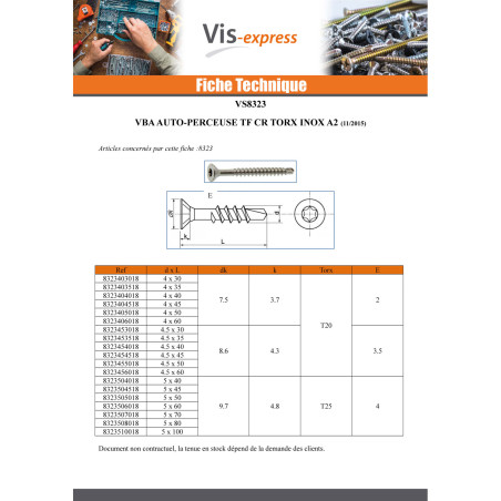 1 x VBA Vis bois agglo Vis autoperceuse Tête fraisée Cranté 4X50 TORX T20 Inox A2